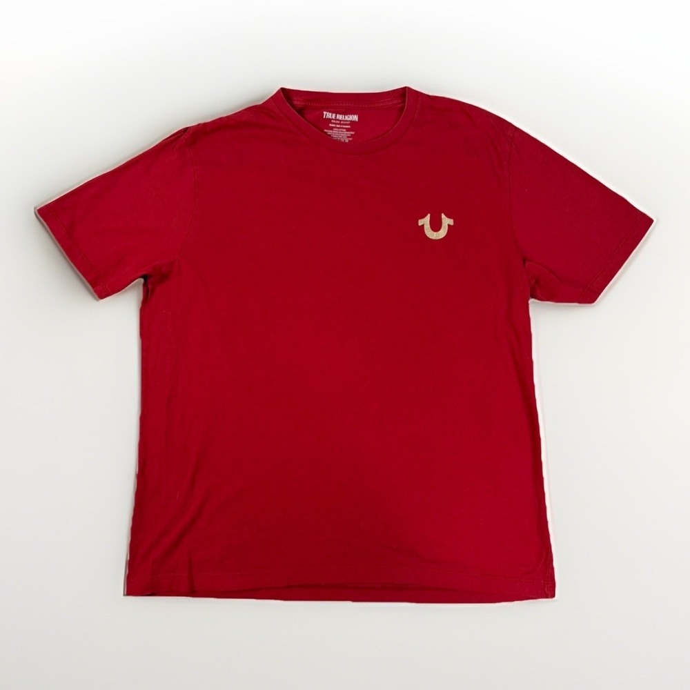 True Religion Shirt Men's 2XL Red Gold Foil Metallic Buddha Logo Cotton T-Shirt